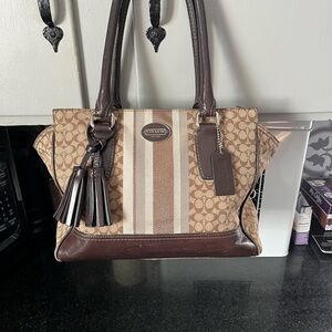 Coach Brown and Cream Signature Shoulder Bag